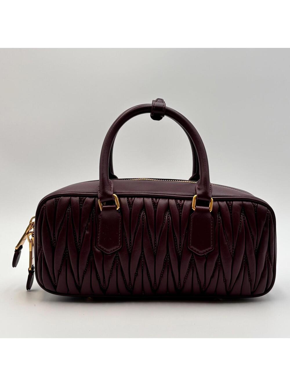 Miu Miu Arcadie Burgundy Matelassé Leather Top Handle Boston Bag With Strap - Picture 3 of 10